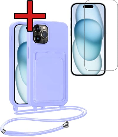 Hoesje Geschikt voor iPhone 14 Pro Hoesje Met Telefoonkoord en Pasjeshouder Met Screenprotector Siliconen - Hoes Geschikt voor iPhone 14 Pro Hoesje Met Kaarthouder Case - Lila