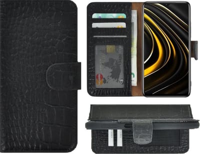 Geschikt voor Xiaomi Poco M3 Hoesje - Bookcase - Portemonnee Hoes Echt leer Wallet case Croco Zwart