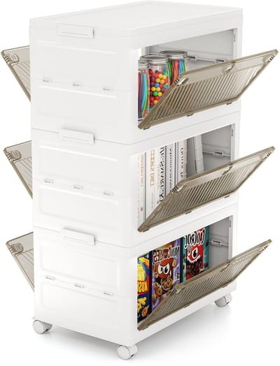 COSTWAY Opbergdoos met deksel, set van 3 stapelboxen, opvouwbaar, opbergdozen met tweeweg-deuren en wielen, opbergdoos, kunststof doos, wit, 126 liter