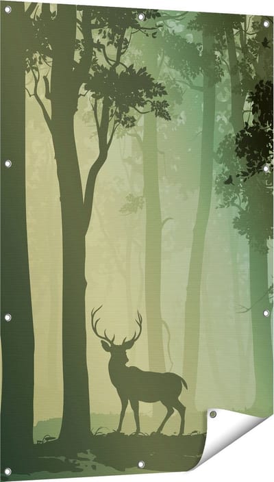 Gards Tuinposter Hert in het Bos - Silhouet - 80x120 cm - Tuindoek - Tuindecoratie - Wanddecoratie buiten - Tuinschilderij