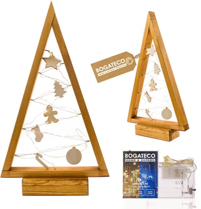 BOGATECO houten kerstboom met LED 52cm hoog | Inclusief houten decoratie | Kerstversiering | 20 LED | Lichtbruin
