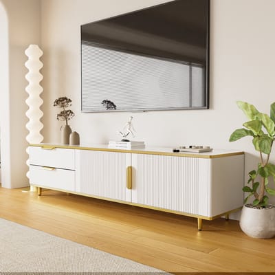 STILVORA TV-Meubel - Laag TV-Kast Met Gesneden Textuur En Gouden Handgrepen - Met Laden En Deuren - 50 kg Draagkracht - 175x40x45 cm - Spaanplaat - Wit+Goud