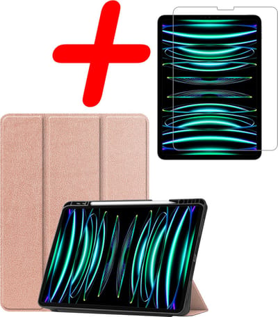 Hoesje Geschikt voor Apple iPad Pro (2022) - 11 inch - 4e generatie - Met Screenprotector - Trifold Bookcase - Hard Cover Case - Met Uitsparing Geschikt voor Apple Pencil - Hardcover Book - Tablet Hoes - Rosé goud
