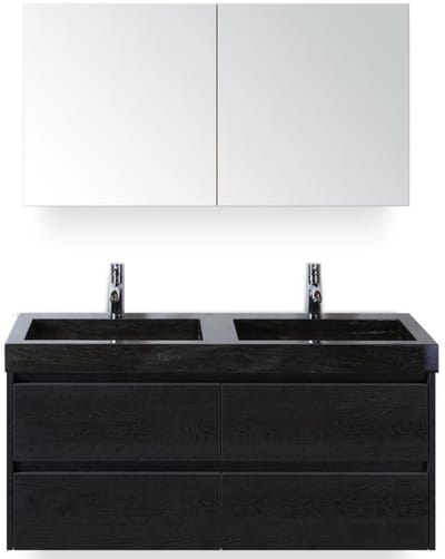 Dante Badmeubelset 120 cm - Black Oak - Wastafel Hardsteen Wit Lucca Dubbel met Spiegelkast