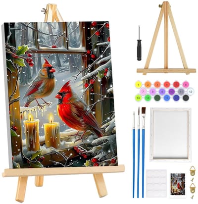Dailygoods- Schilderen op Nummer - Kerstmis Herten - DIY Kunstset - 8 x 8 inch Canvas - Inclusief Lijst en Ezel - Perfect voor Beginners - Doe-het-zelf Schilderij
