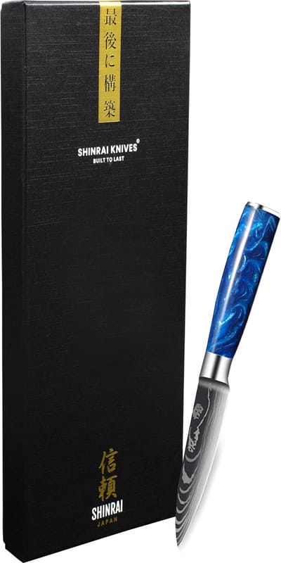 Shinrai Knives - Schilmes 8 cm - Koksmes - Epoxy Saphire - Damascus Print - Met Luxe Geschenkdoos