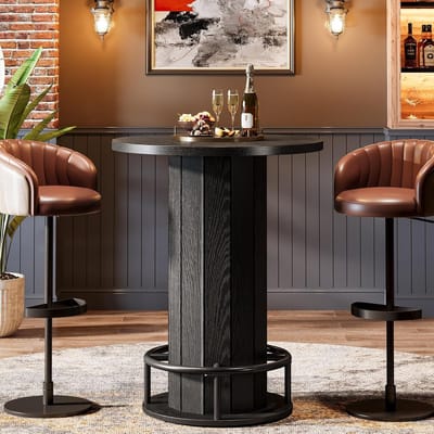 Tribesigns Ronde Bartafel – Industriële Bartafel - 79 x 79 x 100 cm - Houten Bistrotafel met Metalen Ringvoetsteun voor Dineren, Koffie Drinken - Zwart (Alleen Tafel)