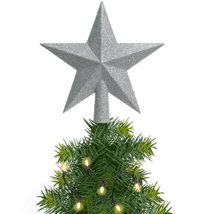 Decoris kerstboom piek - 1x - ster vorm - zilver - glitter - 19 cm - kunststof - kerstpiek