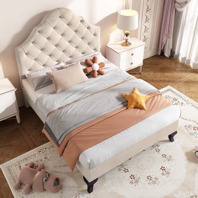 HAUSS SPOLE Gestoffeerd Bed 90x200 cm - met Verstelbaar Hoofdeinde - Inclusief Houten Lattenbodem en Middenbalk - Fluweel - Beige - zonder matras