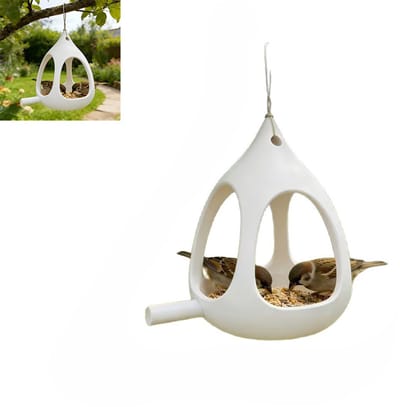Hangend vogelvoederhuisje - Waterdicht buiten vogelvoeder - Grote inhoud vogelvoederhuis - Balkon vogelvoeder voor tuin - met regenbestendig ontwerp en handig ophangkoord - Kunststof - 9,7×12,4×14,4 cm - Geschikt voor tuin, balkon en terras - Wit