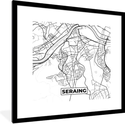 Fotolijst incl. Poster Zwart Wit- België – Seraing – Stadskaart – Kaart – Zwart Wit – Plattegrond - 40x40 cm - Posterlijst