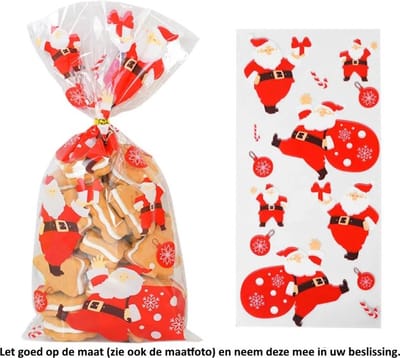 25x Uitdeelzakjes Kerst Kerstman 12.5 x 27.5 cm - Christmas - Santa Claus - Pakjes - Cadeautjes - Kerstbal - Candy Cane - Zuurstok Cellofaan Plastic Traktatie Kado Zakjes - Snoepzakjes - Koekzakjes - Koekje - Cookie Bags