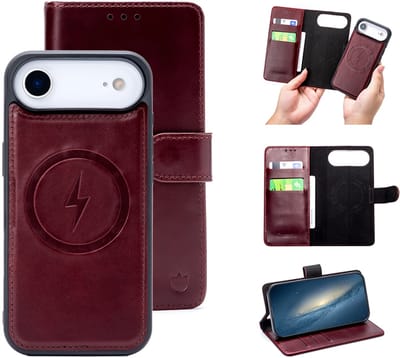 Casemania Echt Leren Hoesje Geschikt voor Apple iPhone 17 Air - Burgundy Red - Geschikt voor MagSafe - Leer 2 in 1 Magnetisch Afneembare Book Case - Portemonnee Telefoonhoesje met Pasjeshouder