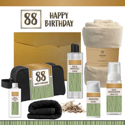 Geschenkset “88 Happy Birthday” - 7 producten - 1390 gram | Giftset voor hem Cadeau Verjaardag Achtentachtig Man Luxe Wellness Douche Cadeaubox Gefeliciteerd Pakket Geschenk Jarige Cadeaupakket Gift Set Party Eighty-eight Years Zwart Groen Goud Beige