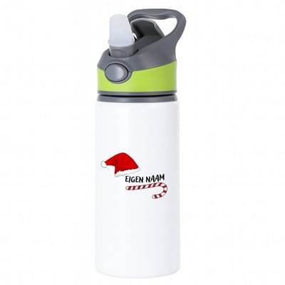 Hacebo® - Kerst zuurstok en kerstmuts met eigen naam waterfles met rietje groen - Kerstmis - Kerst beker - winter - kerst - christmas - kerst cadeau - water fles - 650ML