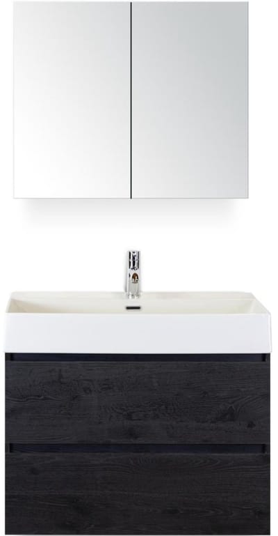 Maxx XL Badmeubelset 80 cm - Black Oak - Wastafel Kube 1 Kraangat met Spiegelkast