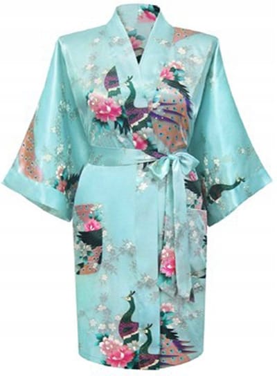 KIMU® Kimono Lichtblauw Kort - Maat XS-S - Yukata Satijn Boven de Knie - Korte Lichtblauwe Ochtendjas Japanse Kamerjas Sexy Satijnen Badjas Geisha 152 Festival