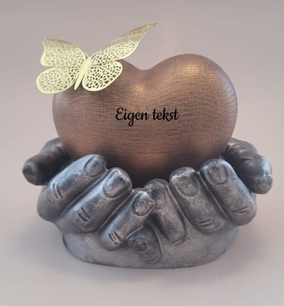 Urn hart in handen - eigen tekst - 450 ml - brons, oud zilver