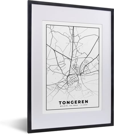 Fotolijst incl. Poster Zwart Wit- Plattegrond – Tongeren – Zwart Wit – Stadskaart - Kaart - België - 30x40 cm - Posterlijst