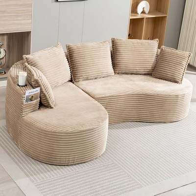 MIVRAY Hoekbank 250 x 152 x 82 cm - Gebogen Design Met Bekerhouders En Zijvakken - Voor Woonkamer En Slaapkamer - Cord Khaki