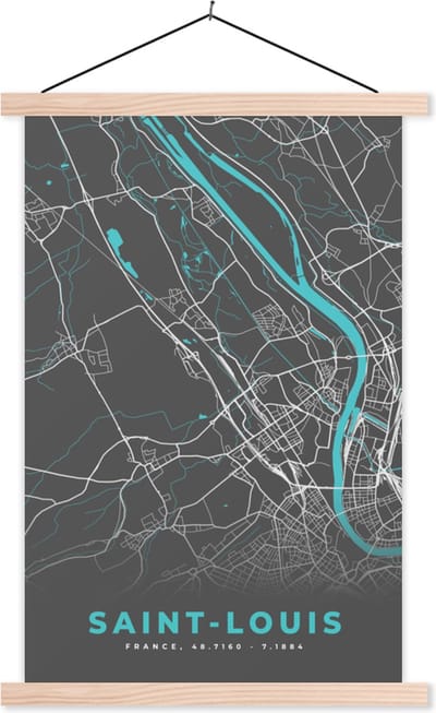 Posterhanger incl. Poster 40x60 cm - Schoolplaat - Saint-Louis - Frankrijk - Stadskaart - Kaart - Plattegrond - Textielposter - Blanke latten - Stadskaart