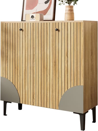 Moderne Schoenenkast-In Houtlook-Met 3 Deuren-Stauraum en Opbergruimte-Voor de Hal of Ingang-Zwart
