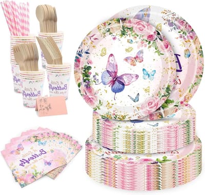 Feestelijke Tafelset voor 25 Gasten - Wegwerp Bloemen Borden, Bekers, Servetten en Houten Bestek - Duurzame Composteerbare Feestartikelen voor Verjaardagsfeest en Babyshower