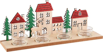 Dekoratief | Theelichthouder m/huisjes, rood/groen, hout, 30x12x8cm | A245569