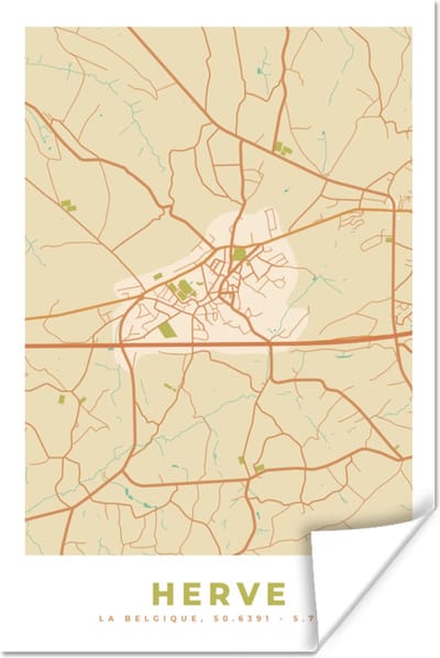 Poster Stadskaart - Retro - Herve - Plattegrond - Kaart - 120x180 cm XXL