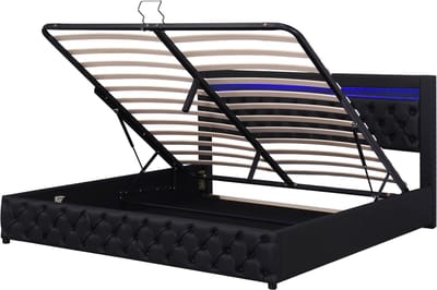 Gestoffeerd bed van 180 x 200 cm, volledig functioneel, met lattenbodem en opbergruimte, meerkleurige ledverlichting, zwart, PU-materiaal.