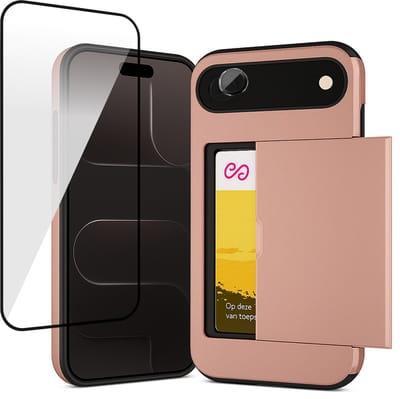 Hoesje met Pasjeshouder geschikt voor iPhone 17 Air - Screenprotector FullGuard & Camera Lens Screen Protector Zwart - Back Cover SlideCase Roségoud