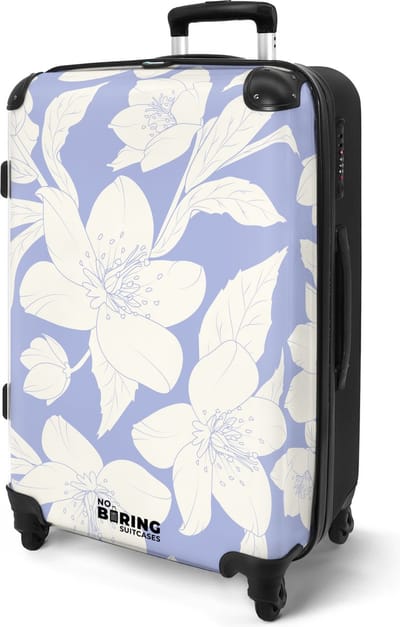NoBoringSuitcases.com® - Vakantie koffer groot - Rolkoffer lichtgewicht - Reiskoffer met 4 wielen - Licht paars met witte bloemen - Grote reis trolley XL - 20 kg bagage