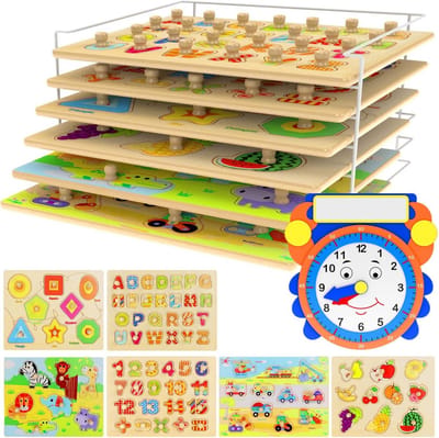 Houten Puzzel Sets voor Peuters: Leerklok, Cijfers, Alfabet en Meer (7 Delen)