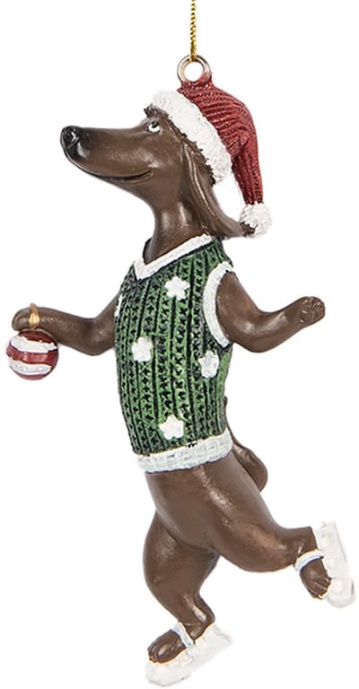 Clayre & Eef Kersthanger Hond Teckel 6x3x10 cm Bruin Groen Kunststof