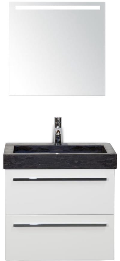 Seville Badmeubelset 60 cm - Wit Hoogglans - Wastafel Hardsteen Wit Lucca met Sence Spiegel