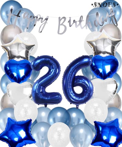 Snoes Ballonnen 26 Jaar Set Mega Blauw Zilver Ballon - Compleet Feestpakket Cijferballon 26 Jaar - Verjaardag Versiering Slinger Happy Birthday – Folieballon – Latex Ballonnen - Helium Ballonnen