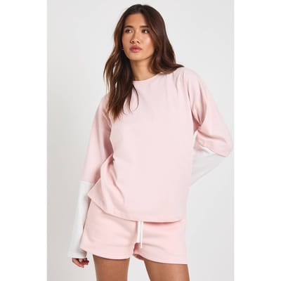 boohoo Dames Dubbellaags Top En Contrasterende Trekkoord Sweat Short Set | Lichtroze | Maat: XL