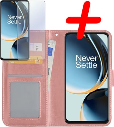 Hoesje Met Screenprotector - Geschikt voor OnePlus Nord CE 3 Lite - Luxe Pasjeshouder - Bookcase Portemonee - Flip Case - Kunstleer Book Case - Flipcase - Book Cover - Walletcase - Portemonneehoes - Rosé goud
