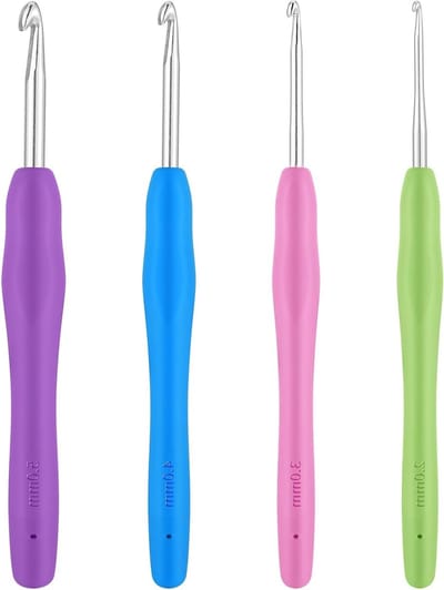 Ergonomische Haaknaalden Set van 4 - Metalen Haaknaalden met Kleurige Siliconen Handgreep - 14cm Extra Lange Breinaalden voor Beginners en Liefhebbers van Haken