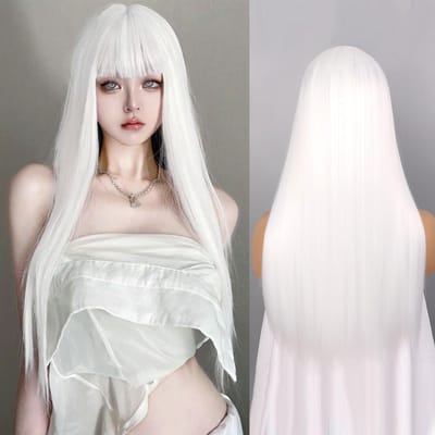 Synthetische Rechte Pruiken met Pony Lang Zijdezacht Hittebestendig Vezelhaar Volledig Machine Gemaakte Pruik Cosplay Feestpruik Voor Modieuze Vrouwen wit