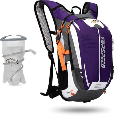 CarryQuest® - 18L Hydratatie Rugzak + 2L Waterzak - Waterafstotende Nylon Fietsrugzak met Reflecterende Strepen, Fluit & Elastische Flessenhouders - 45x24x15 cm - Paars