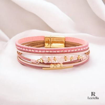 Leerella Echt Leren Multi-Layer Armband Roze met Magneetsluiting – Boho Dames Armband – 19,5 cm