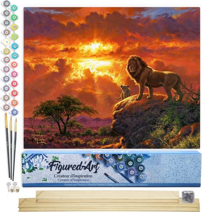Figured'Art Schilderen op Nummer Volwassenen canvas Leeuw bij zonsondergang - Handwerk acrylverf Kit DIY Compleet - 40x50cm met DIY houten lijst