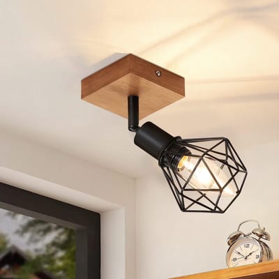 NETTLIFE Opbouwspot Hout - E14 Fitting - L 8.5cm - zwart - 1-Lichts - Vintage Plafondlamp - 350° draaibaar Plafondspot - voor Hal | Slaafkamer | Kantoor | Woonkamer - Zonder Lichtborn