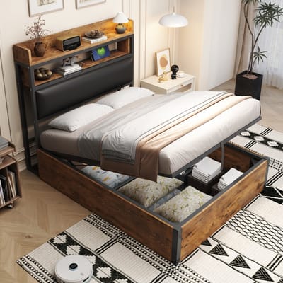 DESMIU Eenpersoonsbed 90x200 cm – Hydraulisch Hefmechanisme Met USB-Laadpoorten – Opbergruimte Onder Bed En In Hoofdbord – Zonder Matras – Zwart