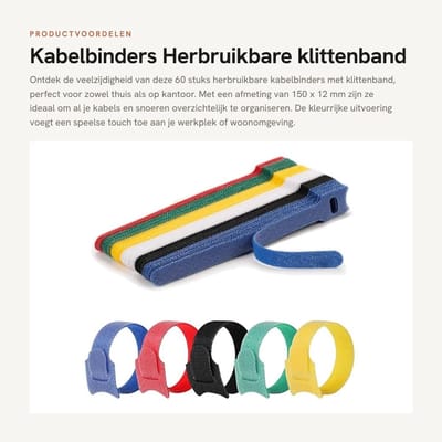 Dailygoods - Kabelbinders - Herbruikbare klittenband kabelbinders - Kleurrijk - Kabelorganizer - 60 stuks - Geschikt voor thuis en kantoor - 150 x 12 mm