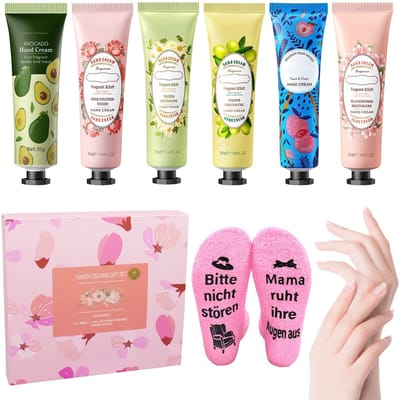 Dailygoods- Handcrèmeset 6-delig - Mini-handcrème - Sokken met tekst - Natuurlijke kruidenformule - Cadeau voor moeder - Kerstcadeau - Verzorgingsset