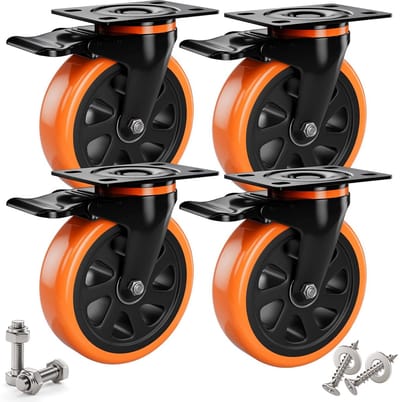 Set van 4 Zware Zwenkwielen 125 mm met Rem - Inclusief Montageaccessoires - Industrieel en Meubel Transport