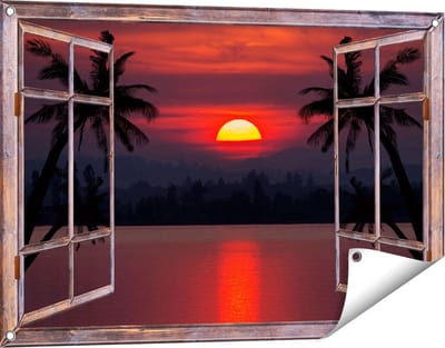 Gards Tuinposter Doorkijk Zonsondergang op het Strand met Palmbomen - 90x60 cm - Tuindoek - Tuindecoratie - Wanddecoratie buiten - Tuinschilderij