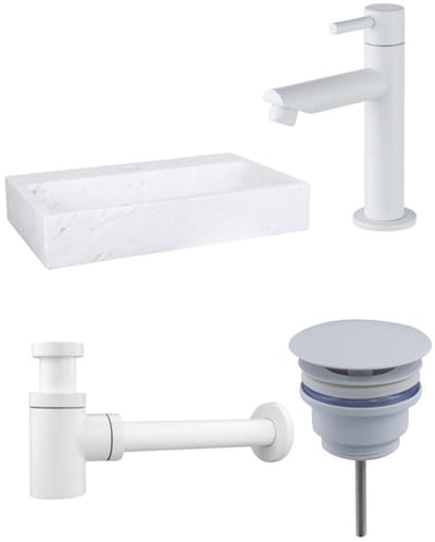 Fortifura Fuente fonteinset – rechthoekig – 38x24x8 cm – marmer wit – mat witte kraan